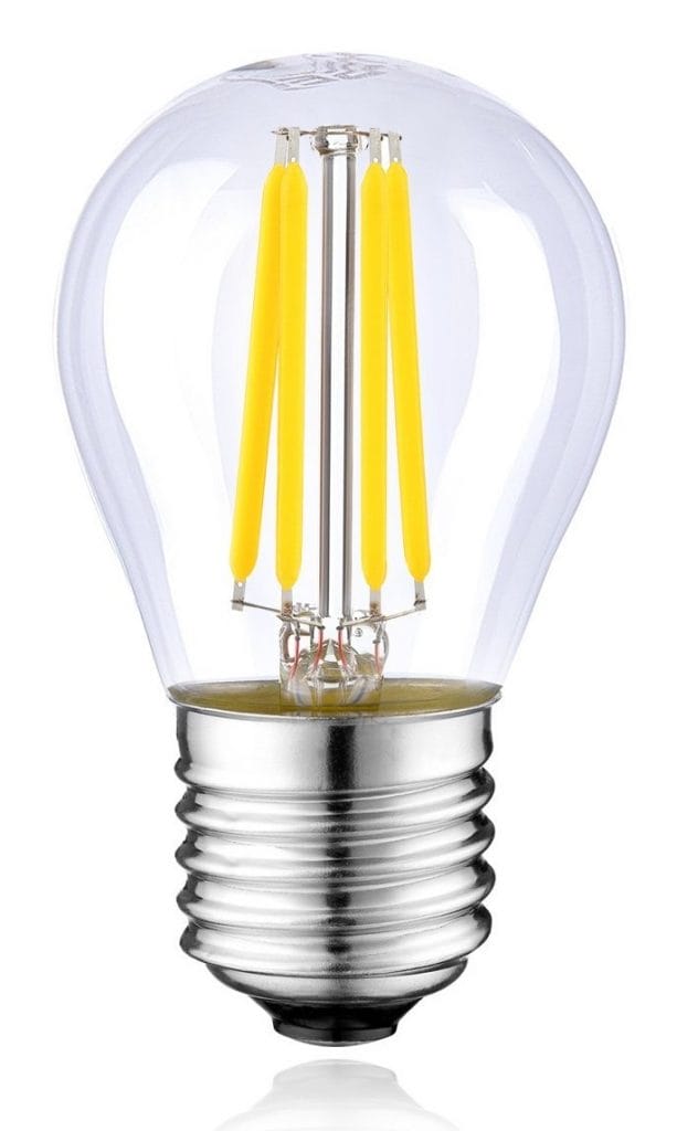 Image of a lightbulb, you can see the filaments.