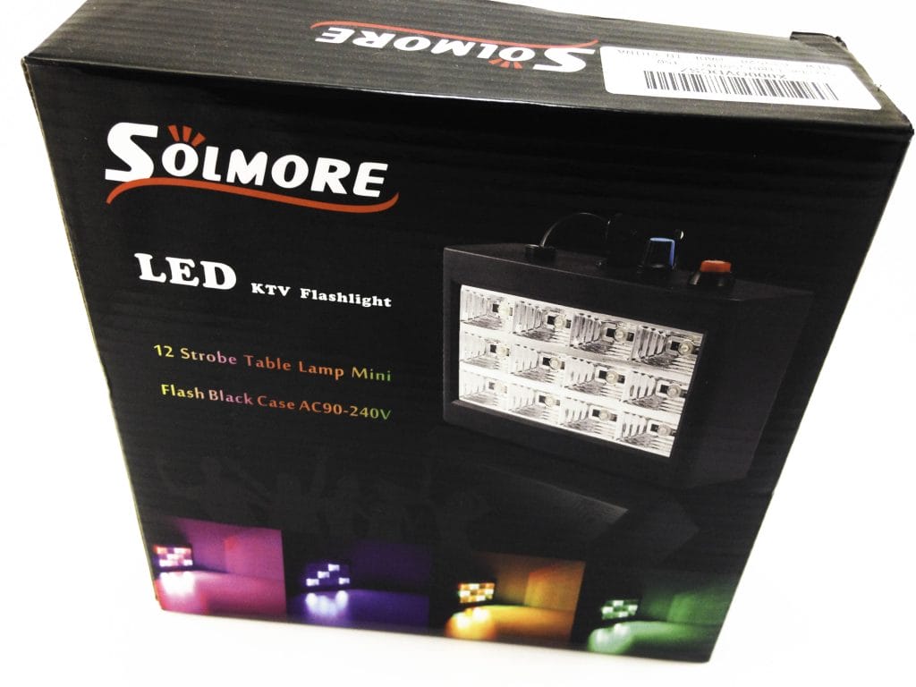 Image shows the outer box of the strobe light, it's black in colour and features a picture of the light on the front.