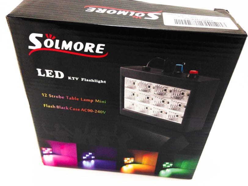 Image shows the outer box of the strobe light, it's black in colour and features a picture of the light on the front.
