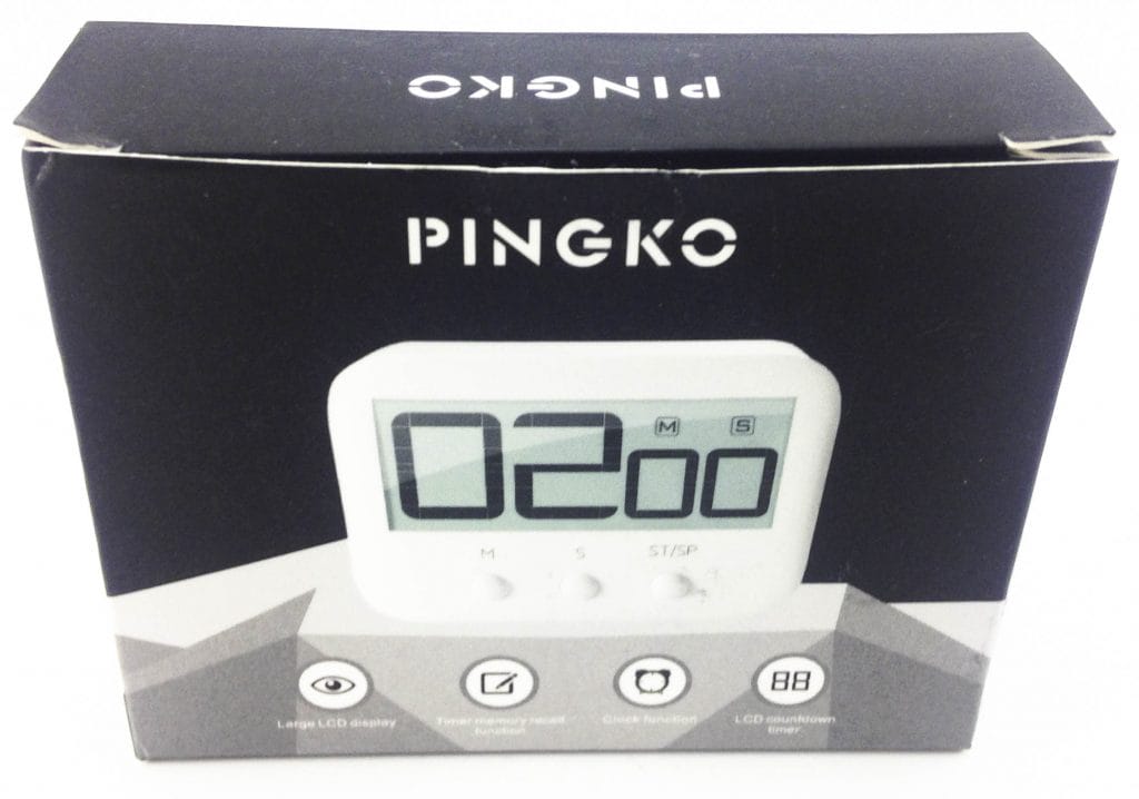 Image shows the outer box of the timer. There is a picture of the timer on the front. 