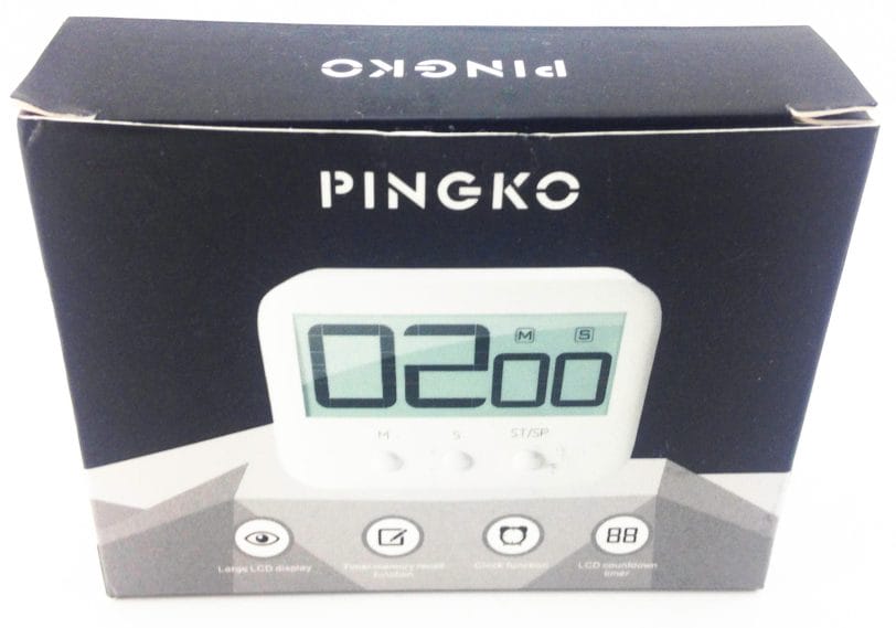 Image shows the outer box of the timer. There is a picture of the timer on the front. 