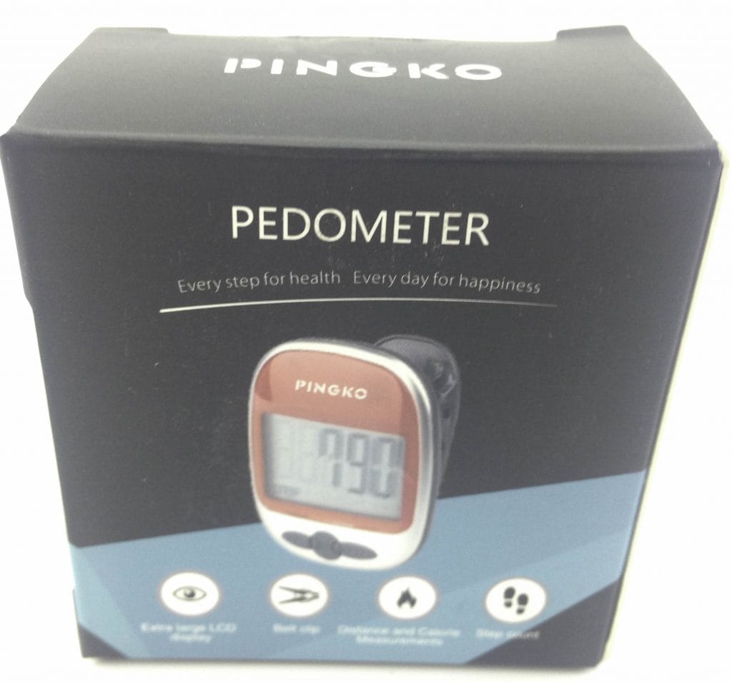 Image shows the outer box, there is a picture of a pedometer on the front.