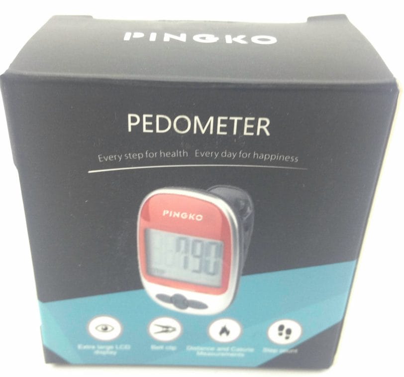 Image shows the outer box, there is a picture of a pedometer on the front.