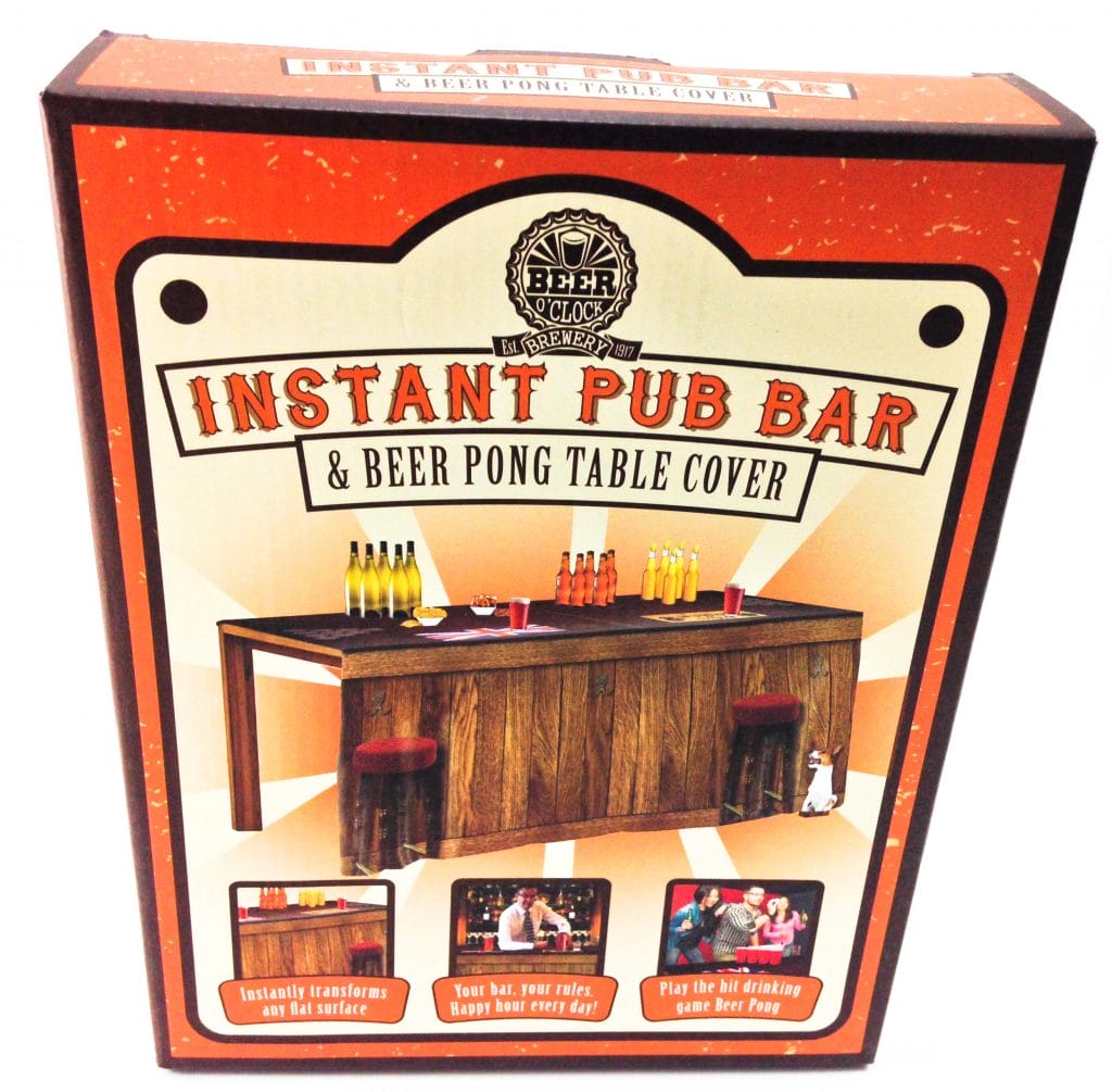 Image shows the outer box for the Oliphant Beer Pong Table Cover.