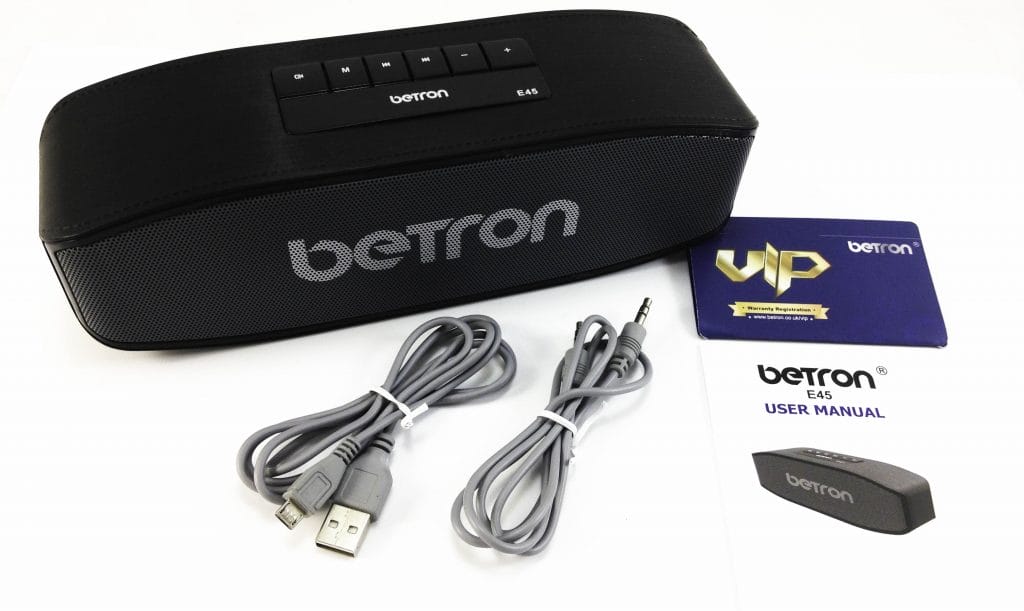 Betron E45 Speaker Image shows the contents in a laid out position.