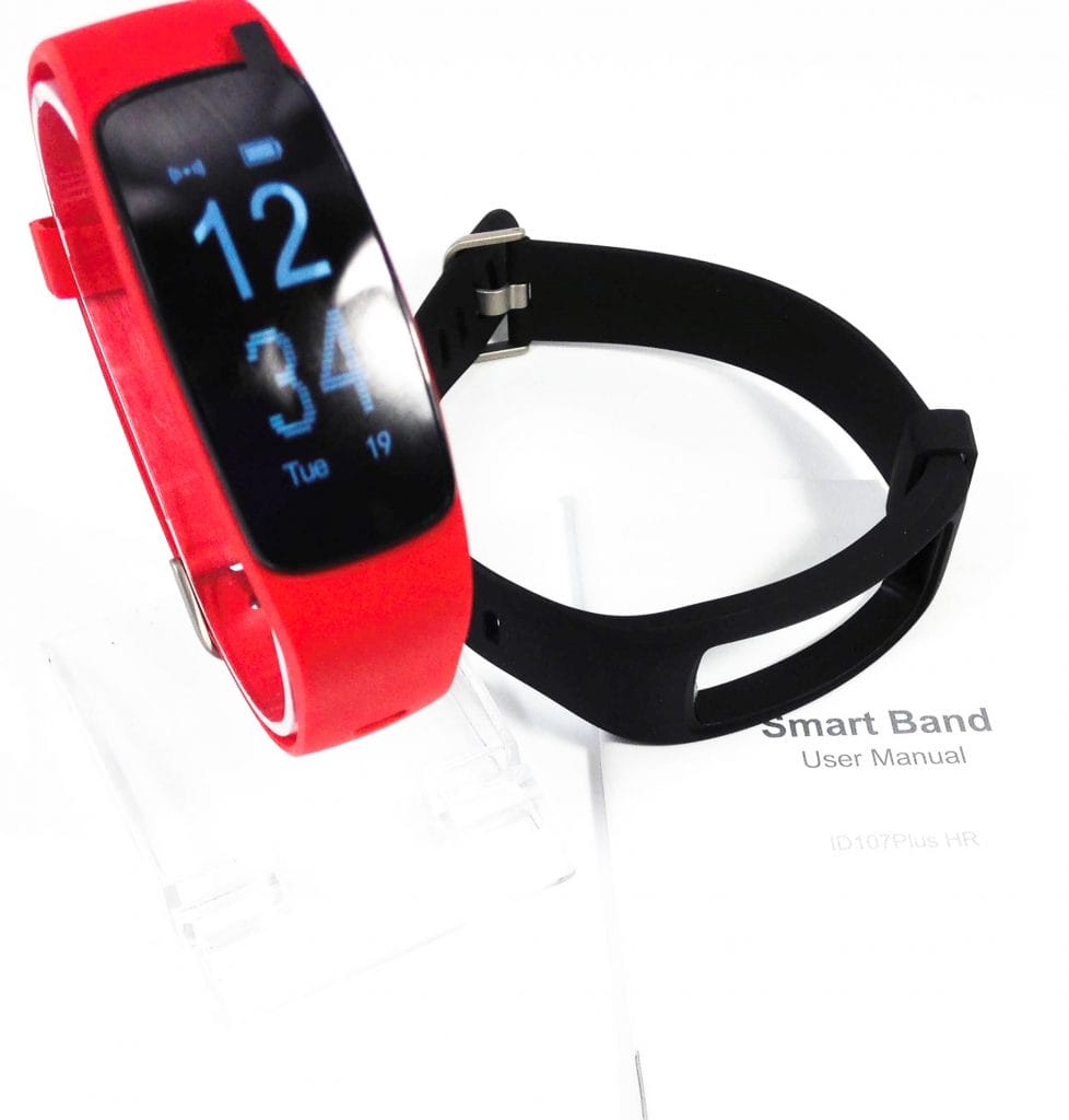 Image shows the included contents for the Letsfit ID107Plus HR Fitness Tracker.