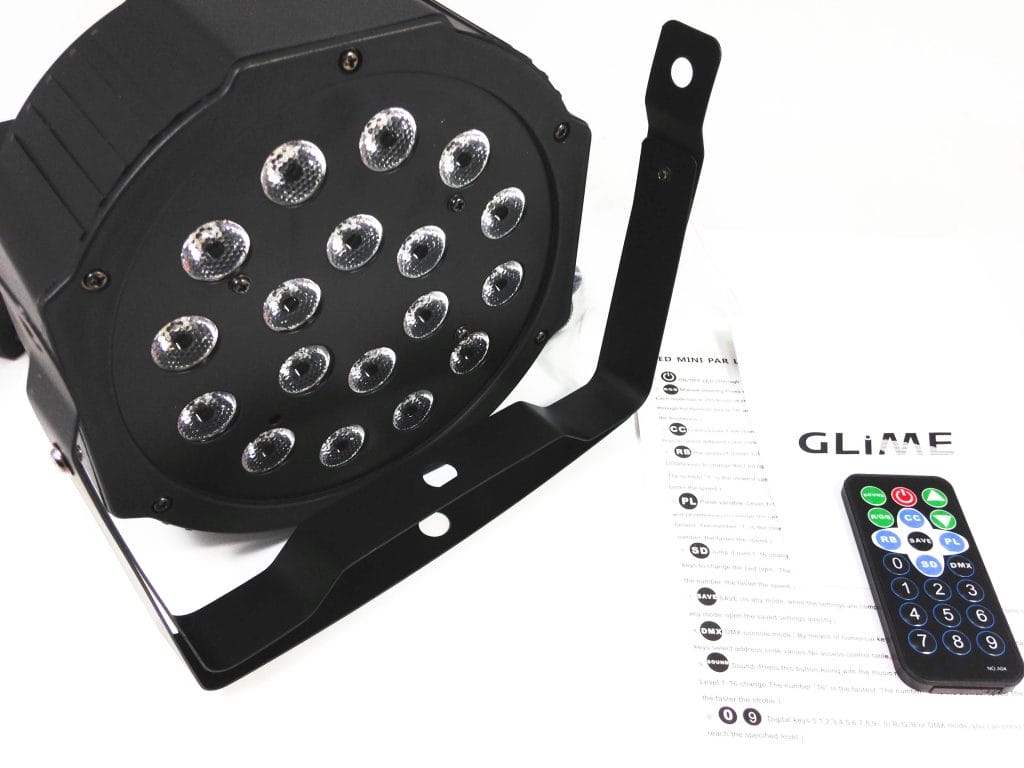 Image shows the contents of the GLiME LED Mini PAR Light in a laid out position.