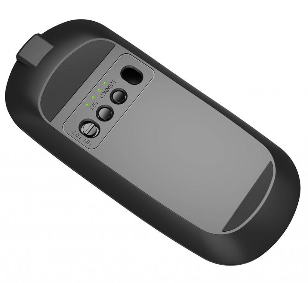 Image shows the underside of the mouse, you can see the user control buttons.