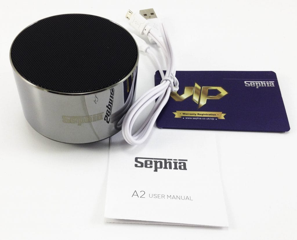 Sephia A2 Speaker Image shows the included contents in a laid out position.