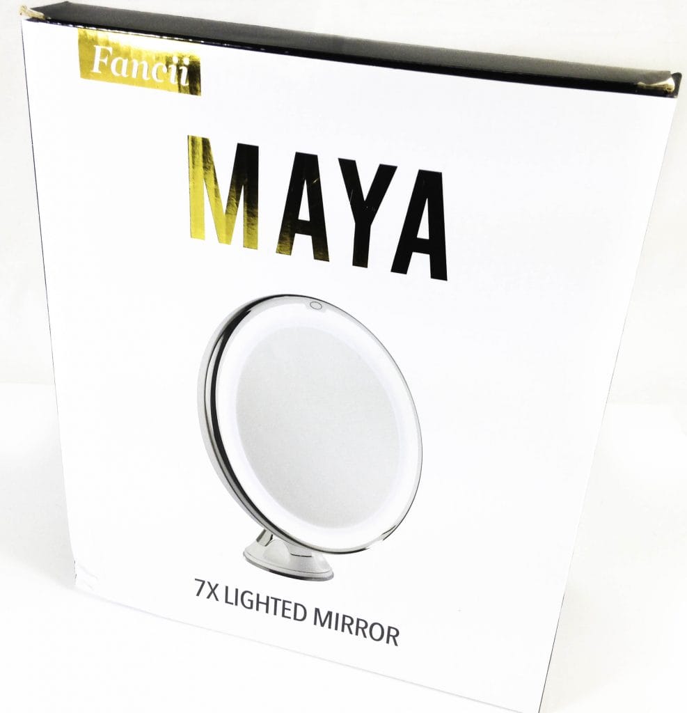 Image shows the outer box of the Fancii Maya Lighted Mirror