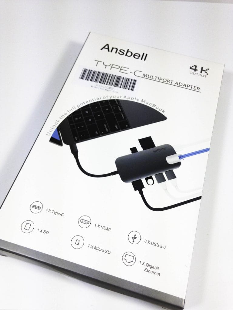 Image shows the outer box of the Ansbell 8 in 1 USB-C Adapter.