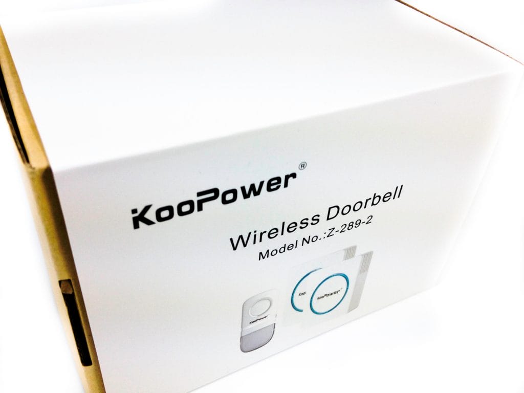 Image shows the outer packaging of the KooPower Wireless Doorbell.