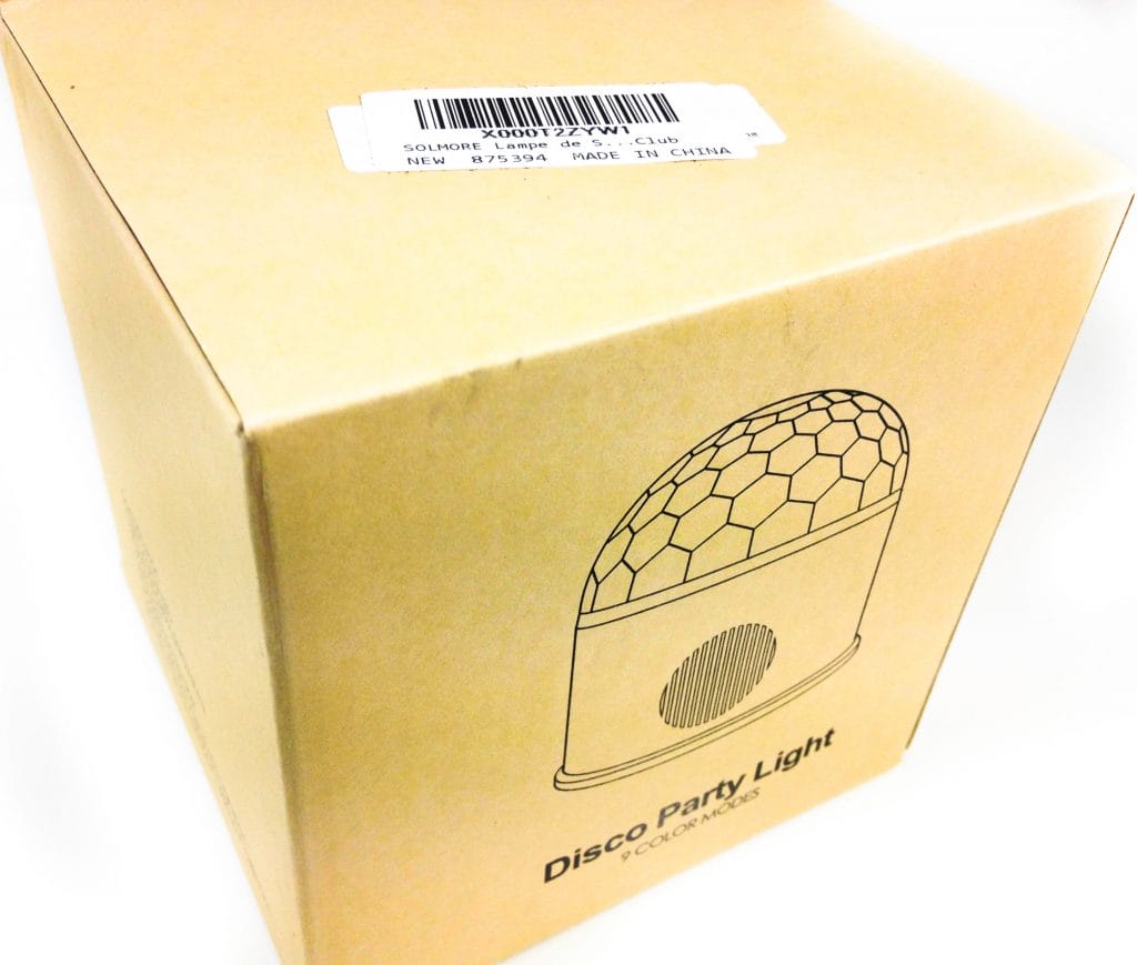 Image shows the outer box for the SOLMORE 9 Colour Music Ball Lamp.