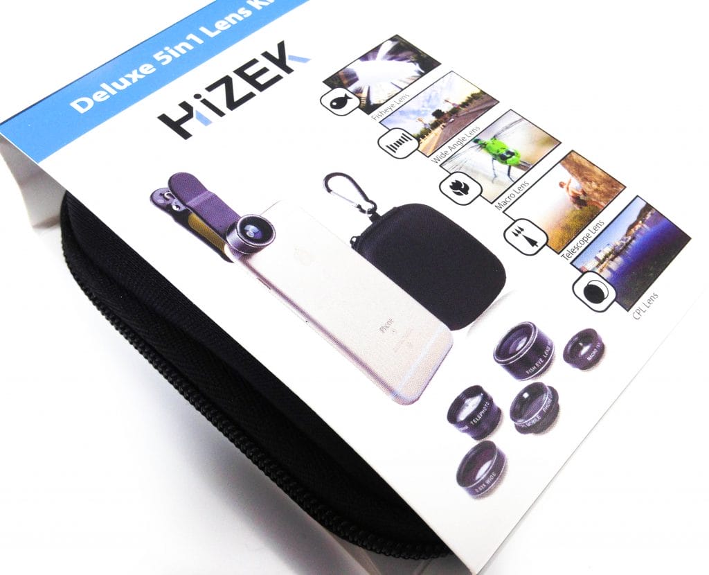 Image shows the outer packaging for the Hizek Mobile Phone Camera Lens Kit. 