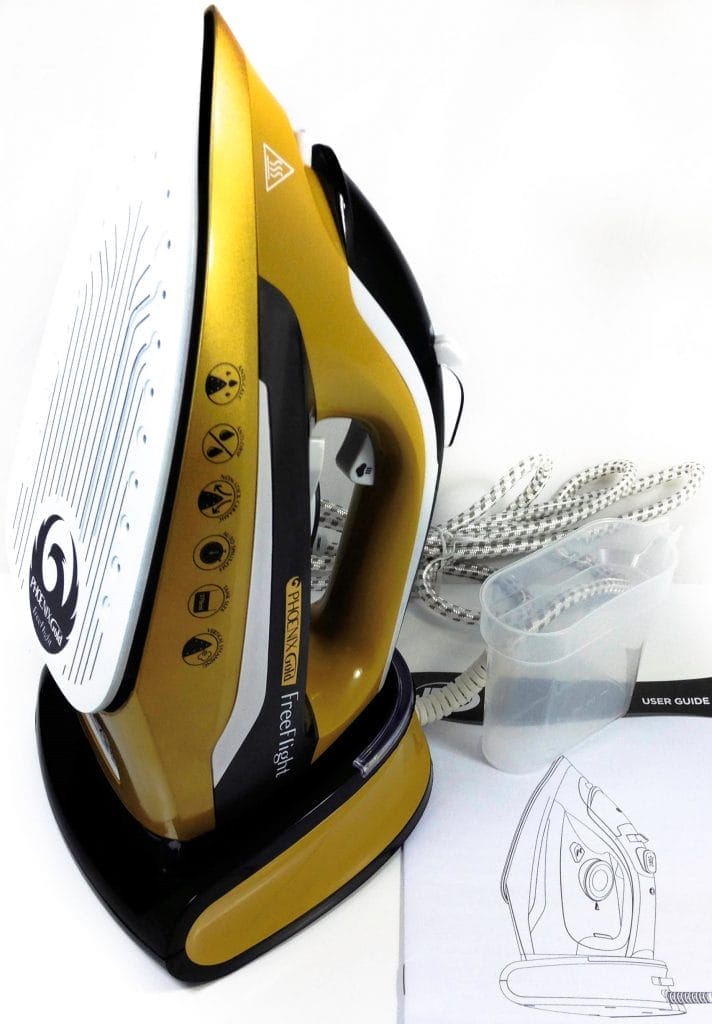 Image shows the included contents for the JML Phoenix Gold FreeFlight Cordless Iron.