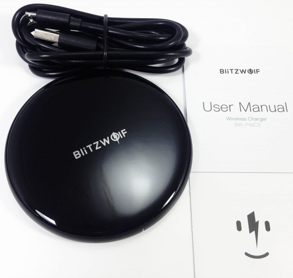 BlitzWolf BW-FWC3 Wireless Charger Image shows the included contents in a laid out position.