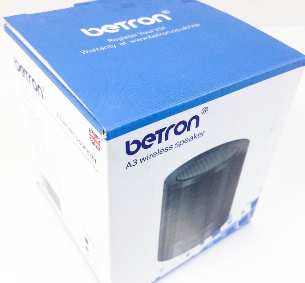 Image shows the outer box for the Betron A3 Bluetooth Speaker.