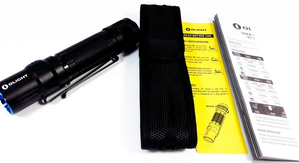 Olight M2T Warrior Flashlight Image shows the included contents for the Olight M2T Warrior Flashlight.