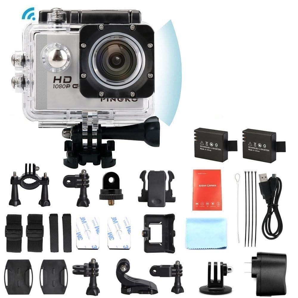 PINGKO F71 Sports Action Camera Contents image in a laid out position.