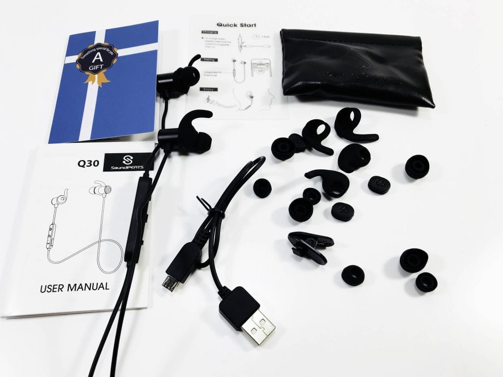 SoundPEATS Q30 Earphones Image shows the contents of the SoundPEATS Q30 Earphones in a laid out style