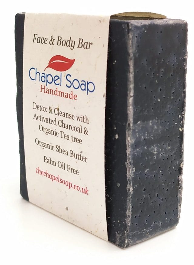 A Chapel Soap bar of Charcoal and Tea Tree soap displayed at an angle.