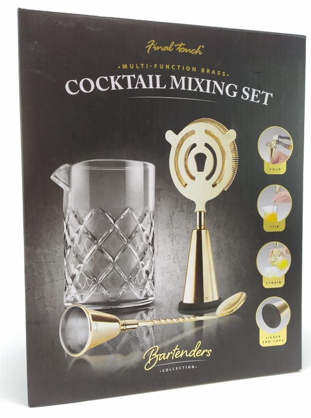 Image shows a black outer box for the cocktail mixing set.