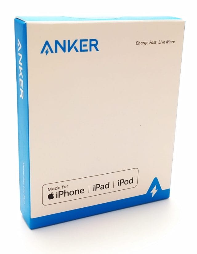 A small White and Blue cardboard box for the Anker iPhone Charger Cable