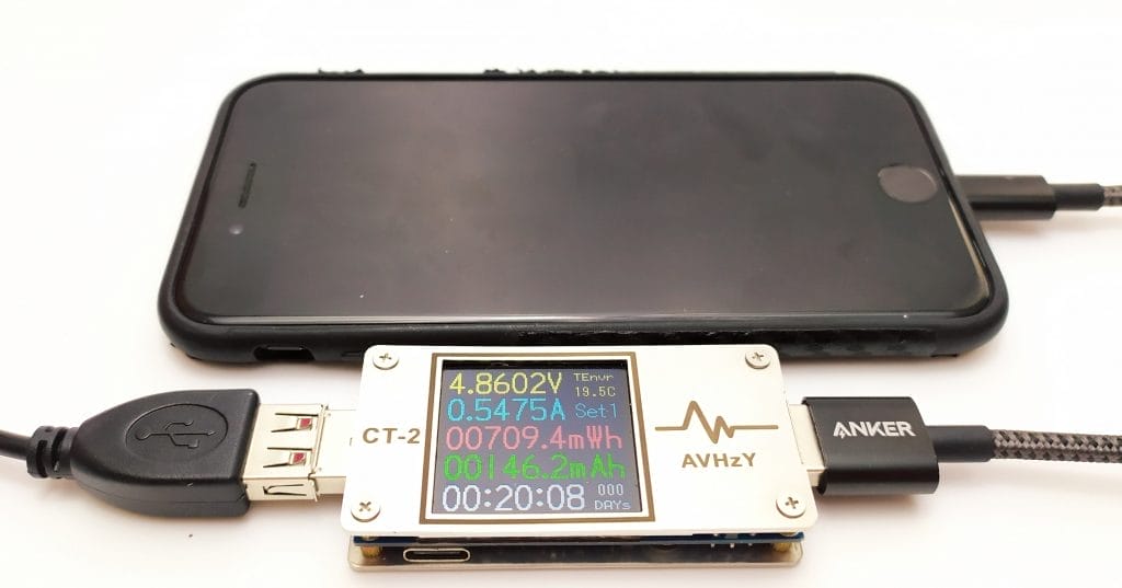 Image shows the Anker cable being tested with a USB power tester and shows the results whilst connected to my iPhone 7