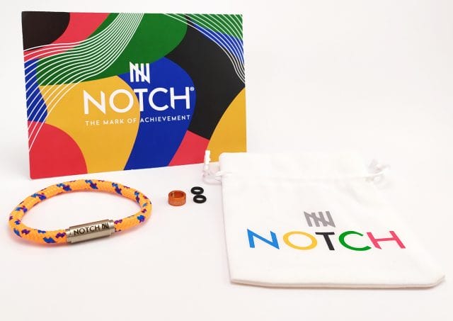 Image shows the contents of the NOTCH bracelet with gift bag.