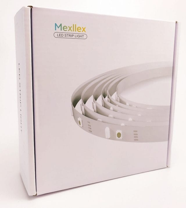 Image shows the outer box which is White and shows a picture of the LED strip light on the front.