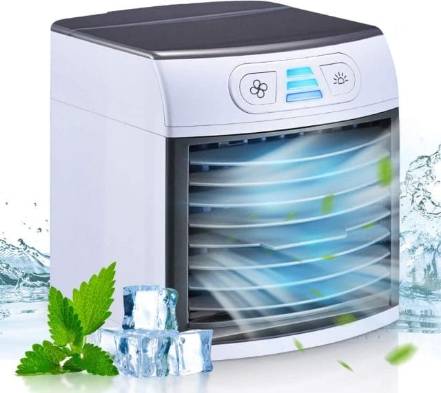 Image shows the cooler with ice cubes and a mint leaf.