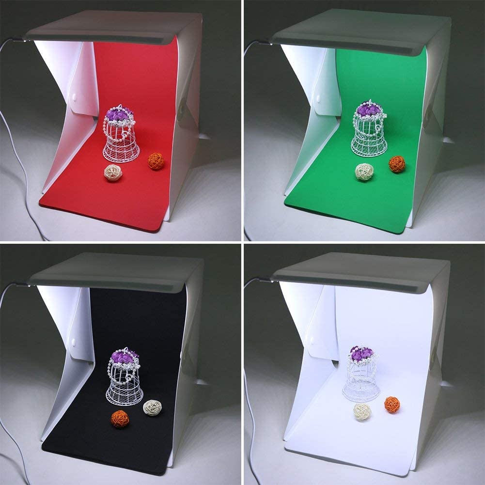 Image shows a typical cheap Amazon type photobox with four different colour backgrounds.