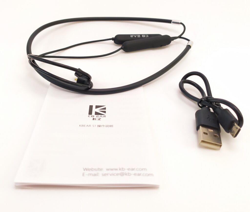 Image shows the included contents of the KBEAR S1 Bluetooth Cable.