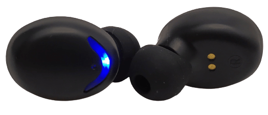 Image shows the earphones, the left earphone has a blue LED on.
