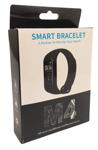 Image shows a cheap bluetooth bracelet in a black and white box.