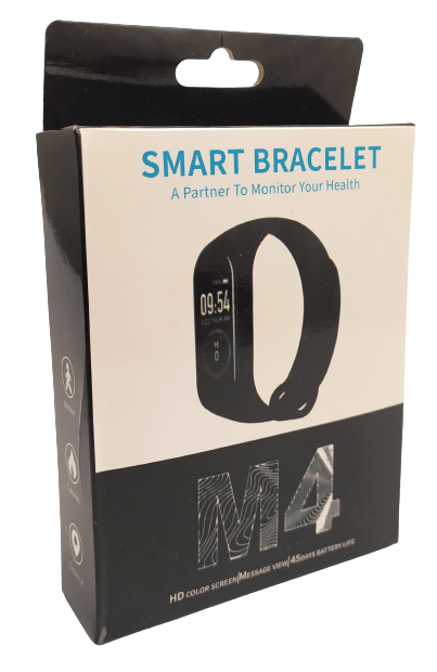 Image shows a cheap bluetooth bracelet in a black and white box.