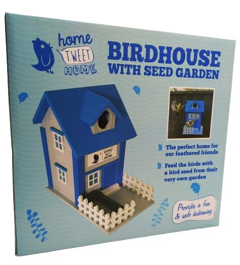 Image shows the outer retail box for the Oliphant Home Tweet Home Birdhouse.