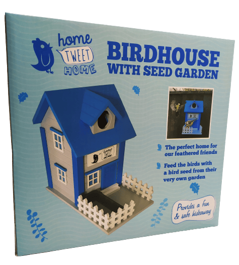 Image shows the outer retail box for the Oliphant Home Tweet Home Birdhouse.