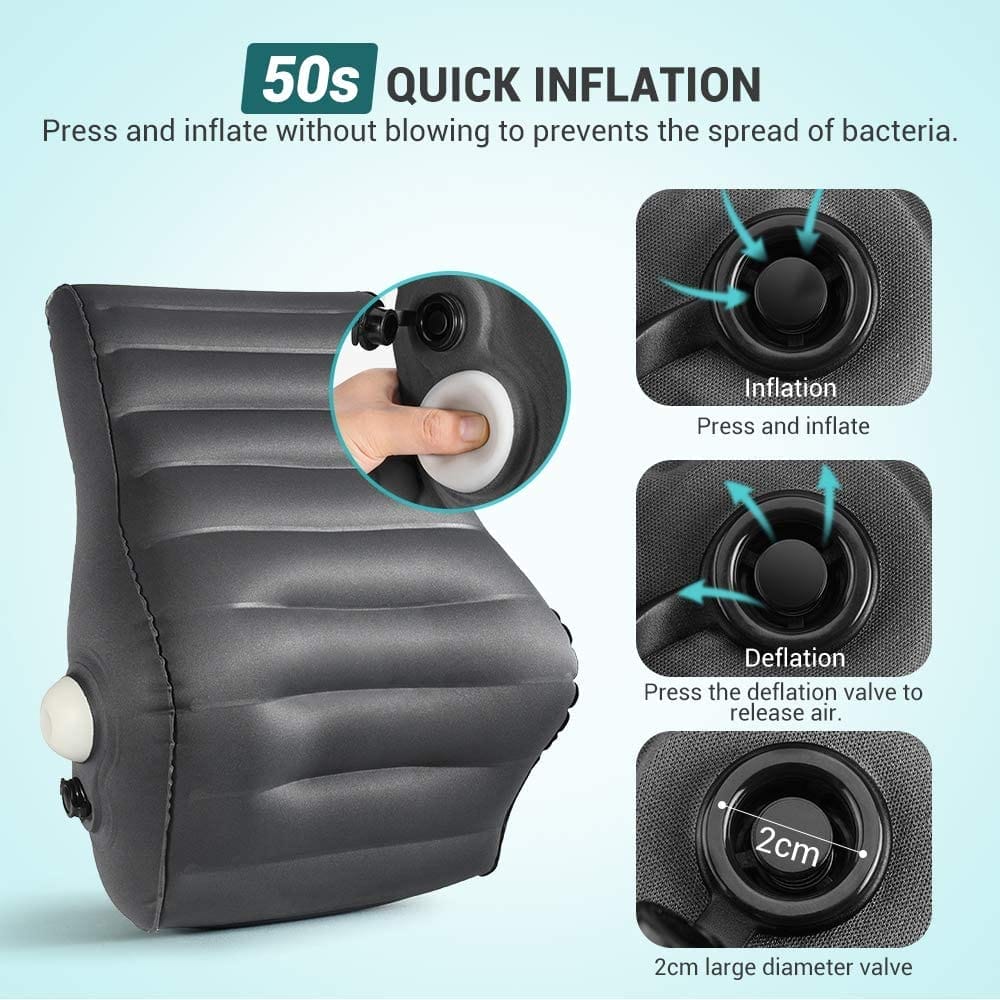 Image shows the cushion fully inflated and how to inflate/deflate it.