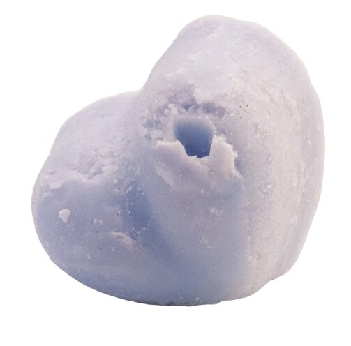 Image shows the wax melt. Each wax melt is heart shaped and purple in colour.