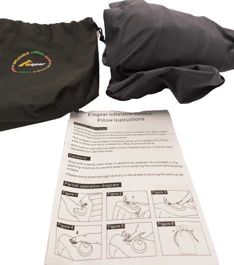 Image shows the lumbar cushion, carry bag, and user guide.