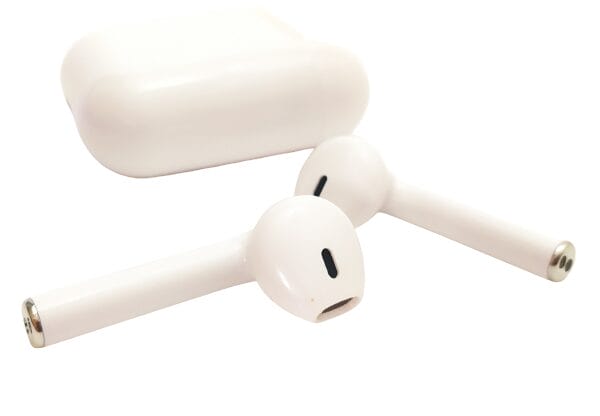 Image shows the earbuds and charging case.