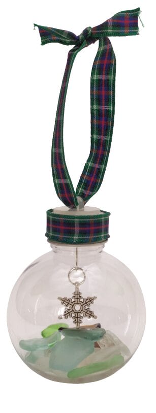 Image shows a Christmas bauble with loch ness sea glass and a tartan ribbon loop. 