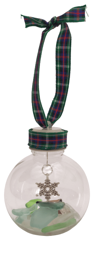 Image shows a Christmas bauble with loch ness sea glass and a tartan ribbon loop. 