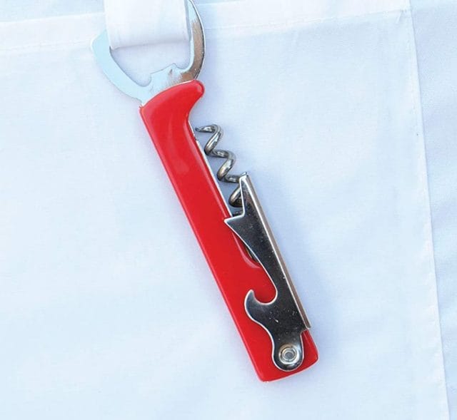 Image shows a red corkscrew/bottle opener.