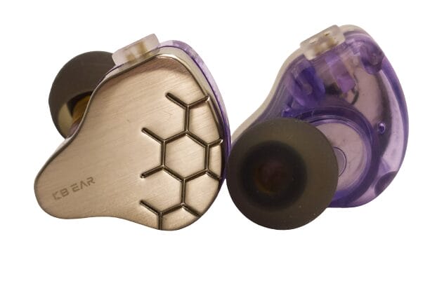 Image shows the earphones back to back to show both mauve and zinc sections.