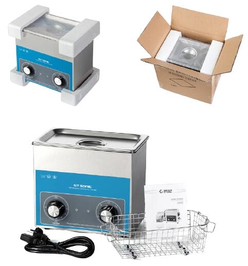 Image shows the packaging and contents of the ultrasonic cleaner.