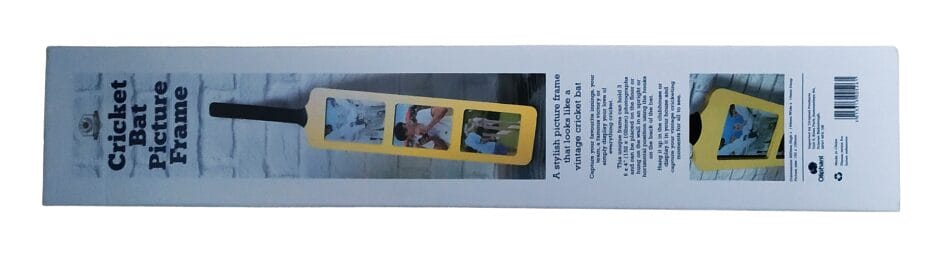 Image shows the outer box, on the front is a picture of the cricket bat with photographs.