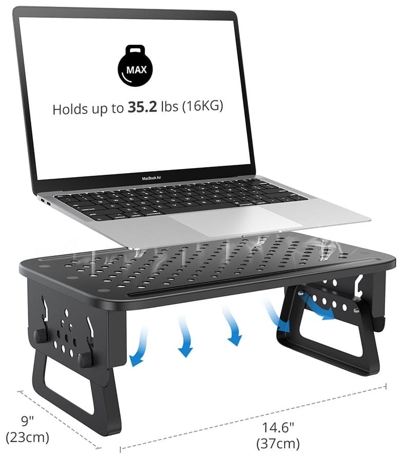 Image shows a laptop on the stand.