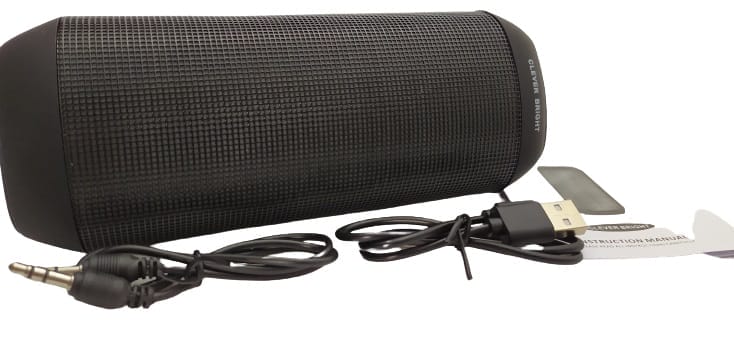 Images shows the contents, these include the speaker and cables.